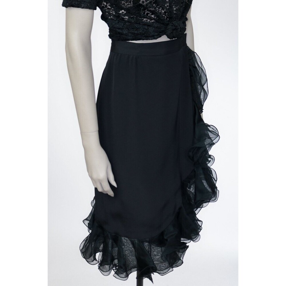 Vintage 1990s 90s Black Silk Ruffled True Wrap Skirt M Goth Gothic Minimalist - Picture 9 of 9